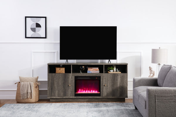 English Elm Ambrogio 70 Inch Electric Fireplace Tv Stand with Led Shelves and Cabinet Storage Gray B2749P413271
