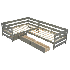 English Elm Twin L-Shaped Platform Bed with Three Spacious Drawers, Solid Pine & MDF, Clean-Lined Design Gray N7090000468E
