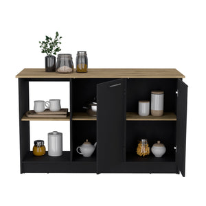 English Elm Juniper Kitchen Island with Spacious 59" Worktop, Double-Door Storage and Open Shelving for Cooktops Black + Dark Walnut 64 L x 29 W x 3 H B200S00396