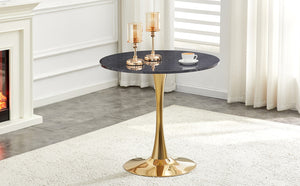 English Elm Round Faux Marble Tulip Pedestal Dining Table Mid Century Modern for Small Bistro Spaces Gold,Gray W2920P405351