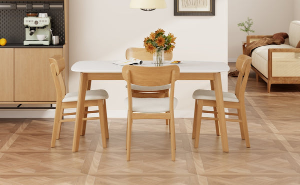 English Elm [video] 5 Piece Mid-century Rubberwood Dining Set with Cushioned Chairs for Modern Homes Light Beige,White+Oak N759S005002K
