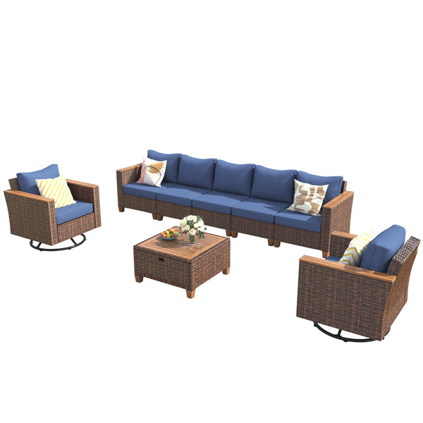 English Elm K&K 8-Piece Wicker Patio Set with 360° Swivel Rockers, Acacia Storage Table, Durable Cushions Blue+Brown N707S000016E