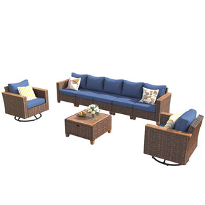 English Elm K&k 8 Piece Outdoor Wicker Sectional Set with Swivel Rockers and Acacia Storage Table Blue+Brown N707S005016E
