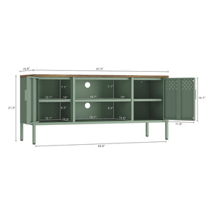 English Elm Landen 47" Metal Storage Cabinet with Wood Top and Cable Management — Sleek Industrial TV Console, Adjustable Legs Sage Green B365P397847