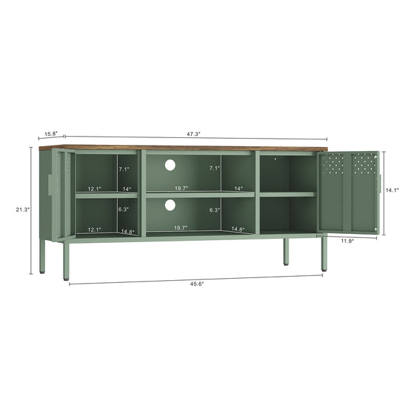 English Elm Landen 47" Metal Storage Cabinet with Wood Top and Cable Management — Sleek Industrial TV Console, Adjustable Legs Sage Green B365P397847