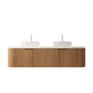 English Elm Dina 60 Inch Floating Bathroom Vanity Sintered Stone Top Dual Glass Basins Wood Grain Beige,Natural Wood,Transparent W2615S00353
