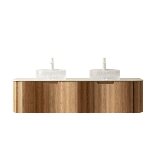 English Elm Dina 60 Inch Floating Bathroom Vanity Sintered Stone Top Dual Glass Basins Wood Grain Beige,Natural Wood,Transparent W2615S00353