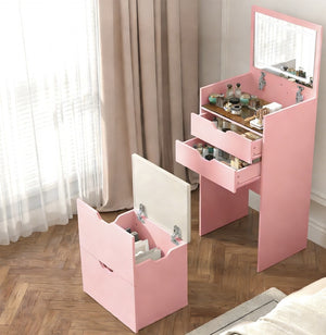 English Elm Dressing Table Set with Led Lit Flip Mirror Hidden Stool and Dual Drawers for Small Spaces W5252P447390