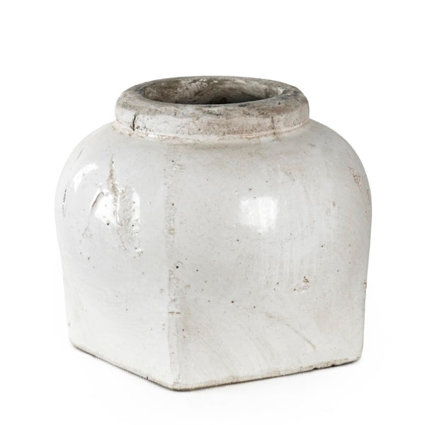 Zentique Partially glazed off-white jar with hand‑crafted ceramic texture and soft matte-to-sheen contrast for timeless decor use W8.5 x H7.5 x D8.5 4982S A25A
