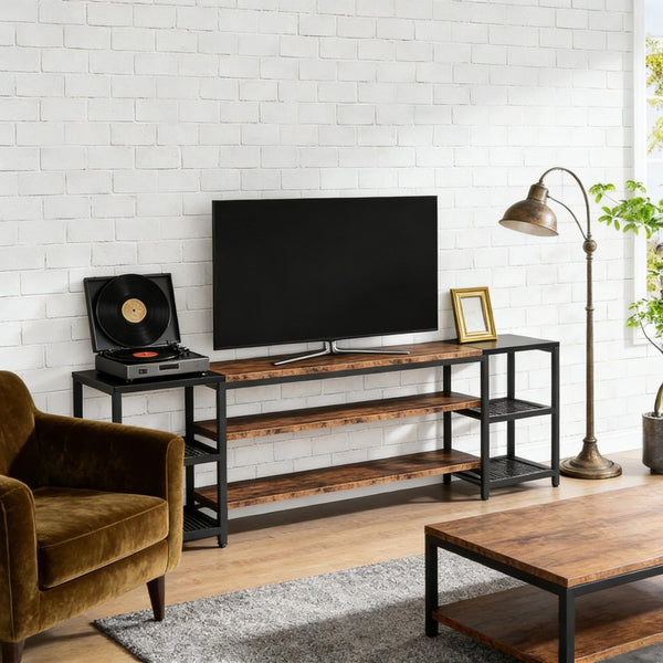 English Elm Media Console Industrial Tv Stand with Rustic Wood Tone Finish and Black Metal Frame T3971P452571