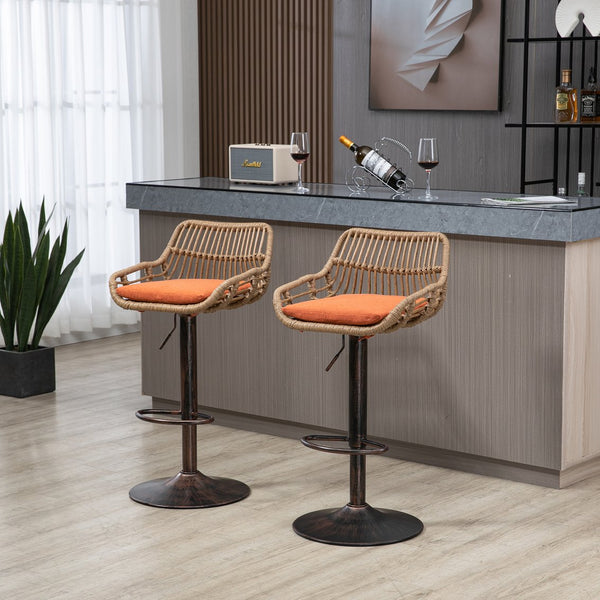 English Elm Modern Swivel Bar Stools Set of 2 Adjustable Counter Height Chairs with Linen Seat, Retro Rattan Back, 360° Rotation and Footrest, Vintage Gold Base, Durable Indoor/Outdoor Seating (Seat Height 25.6–33.9") Orange W39594824