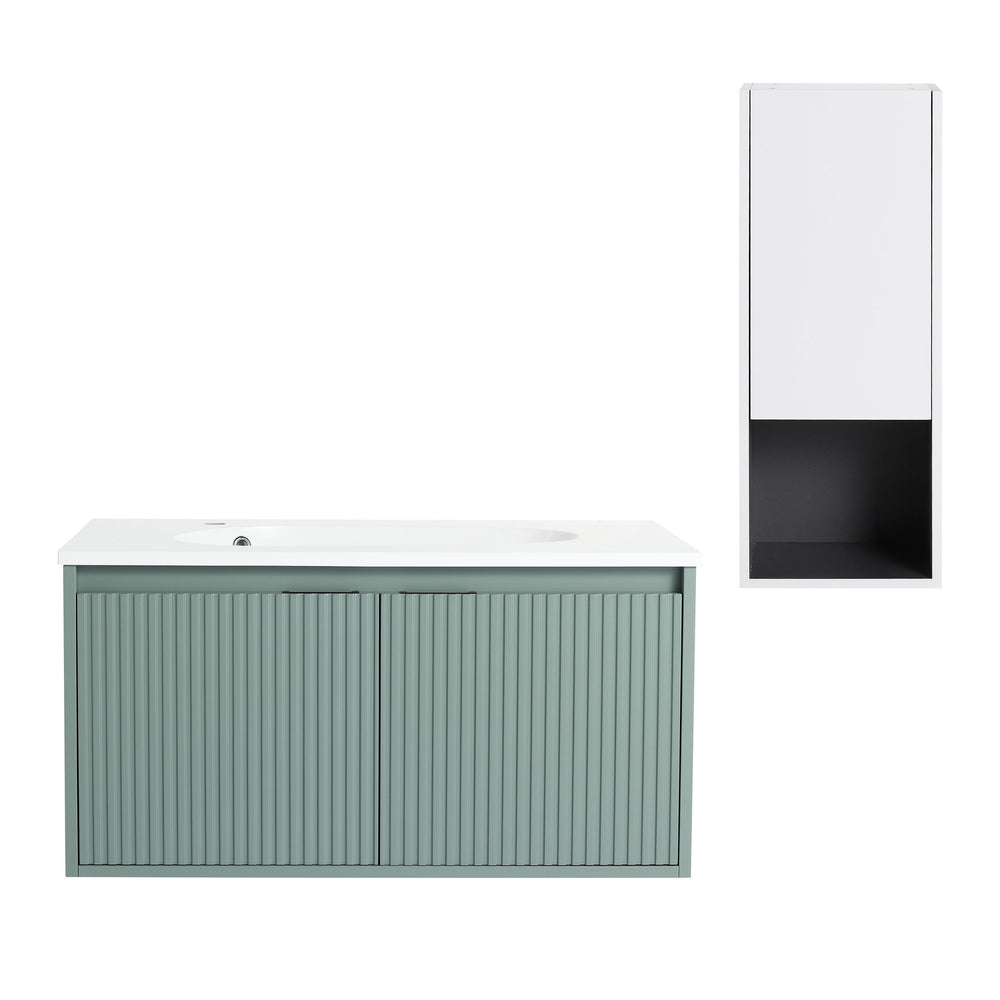 English Elm 36" Floating Bathroom Vanity with Drop-Shaped Resin Sink, Side Cabinet, Soft-Close Doors, Water-Resistant Finish W999S00332