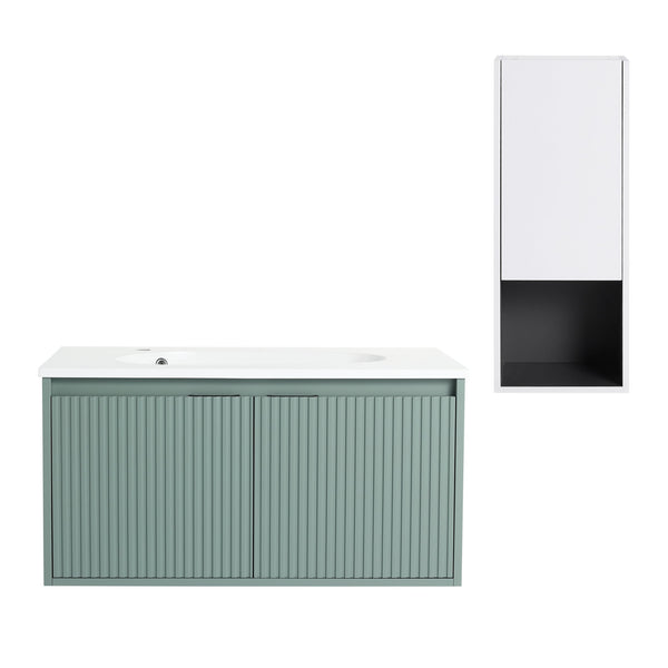 English Elm 36" Floating Bathroom Vanity with Drop-Shaped Resin Sink, Side Cabinet, Soft-Close Doors, Water-Resistant Finish W999S00332