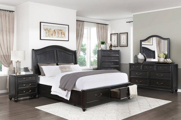 English Elm Charcoal Queen Panel Bed with Okume Veneer and Horizontal Accent Headboard — Rustic Transitional Design Brown Mix 63.25 L x 42.5 W x 5.25 H B011S01249