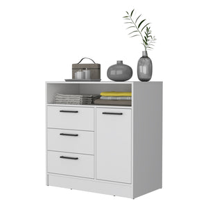 English Elm Cresco White 3-Drawer Dresser with Cabinet & Open Shelf — Compact Particleboard Storage with Handles B128S00128