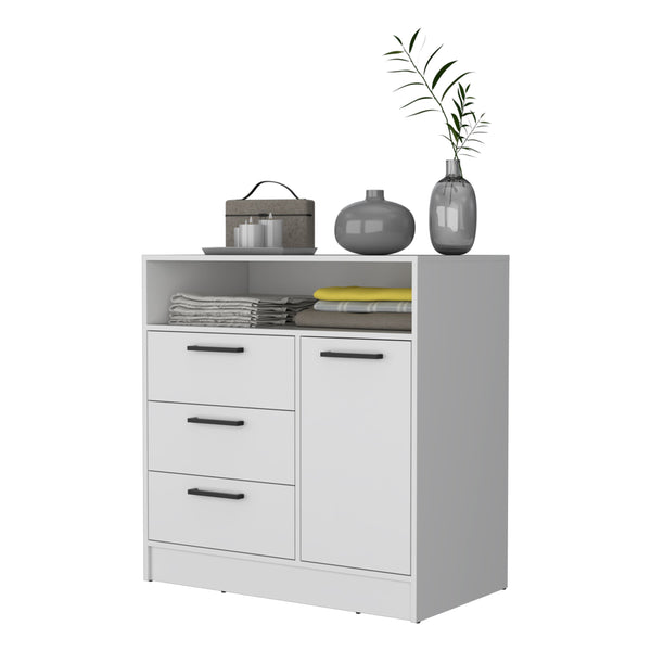 English Elm Cresco White 3-Drawer Dresser with Cabinet & Open Shelf — Compact Particleboard Storage with Handles B128S00128