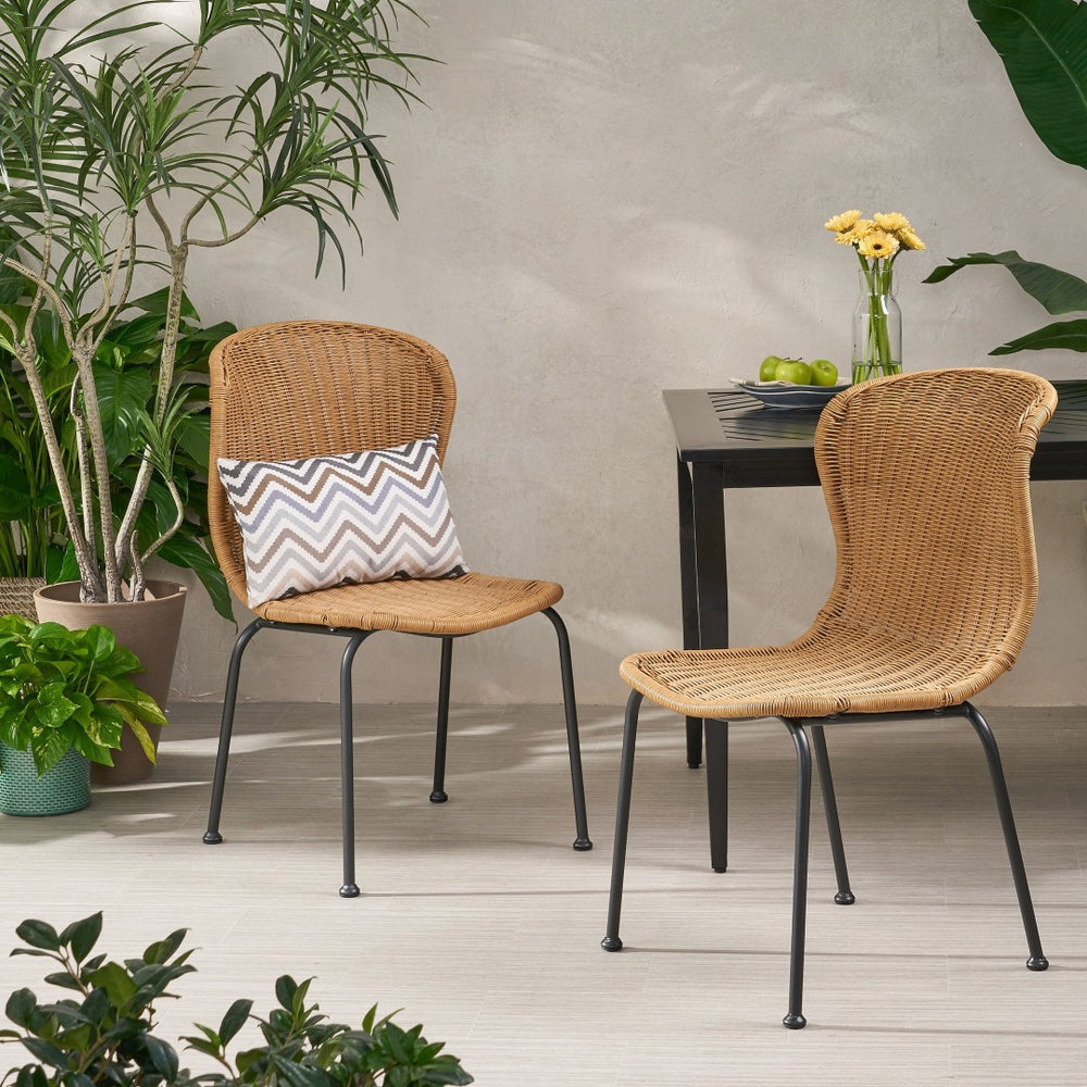 English Elm Boho Faux Rattan Outdoor Dining Chairs Wicker Weave Scroll Back Patio Set of 2 66899.00LBRN