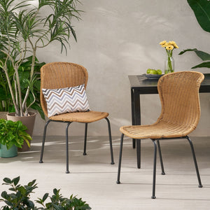 English Elm Boho Faux Rattan Outdoor Dining Chairs Wicker Weave Scroll Back Patio Set of 2 66899.00LBRN