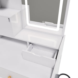 English Elm 3-color Led Vanity Table with Stool Drawers and Built-in Power Hub for Bedroom White W2700P457870