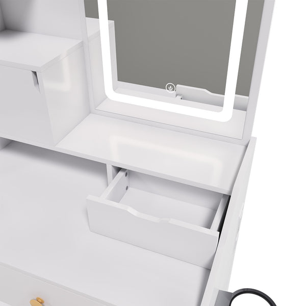 English Elm 3-color Led Vanity Table with Stool Drawers and Built-in Power Hub for Bedroom White W2700P457870