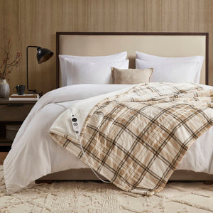 English Elm 1-piece Aztec Heated Throw with 12 Settings Auto Shutoff Soft Ivory Boho Blanket Tan Plaid B035P408330