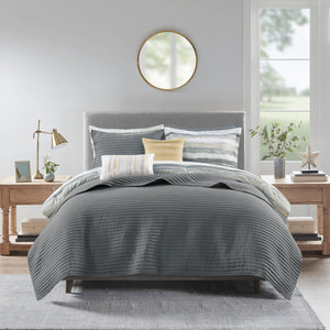 English Elm 8 Piece Printed Seersucker Comforter Set In Yellow & Gray - Stylish, Hypoallergenic King/Cal King Collection B03597255