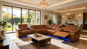 English Elm Power Reclining Sectional with Bluetooth Audio Led Lighting and Wireless Charging Tech Leather Brown W3795S00019