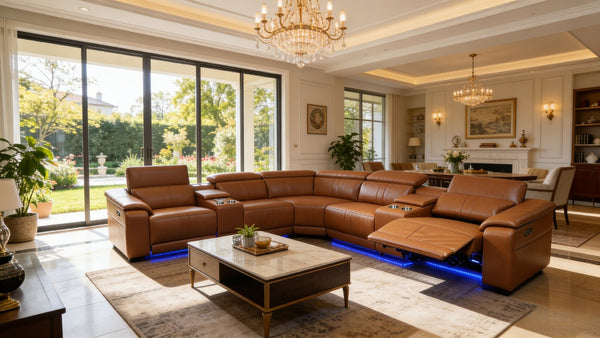 English Elm Power Reclining Sectional with Bluetooth Audio Led Lighting and Wireless Charging Tech Leather Brown W3795S00019