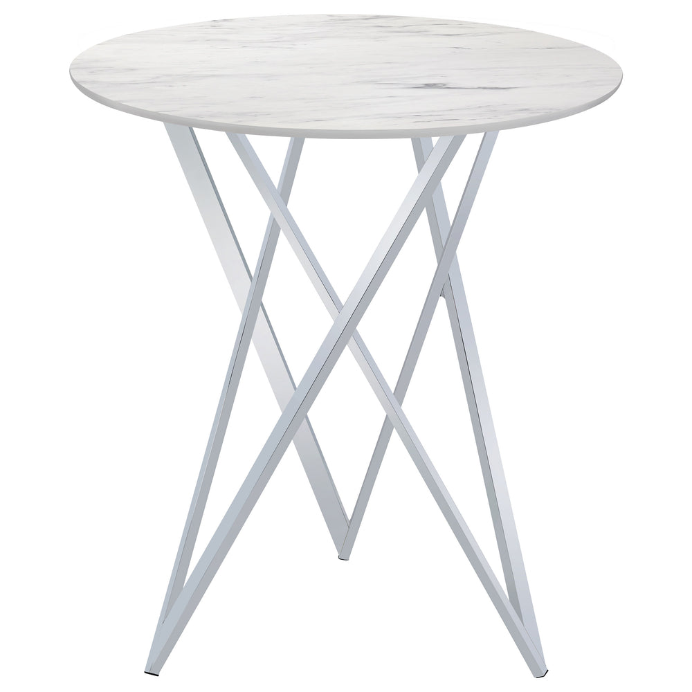 English Elm Halverson Sleek White Faux Marble Round Bar Table with Chrome Accents — Durable Stylish 35.25" Top B062P344885