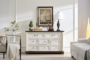 English Elm 8 Drawer Farmhouse Chest Distressed Two-tone Wood Grain Finish Antique Hardware W2393P252366