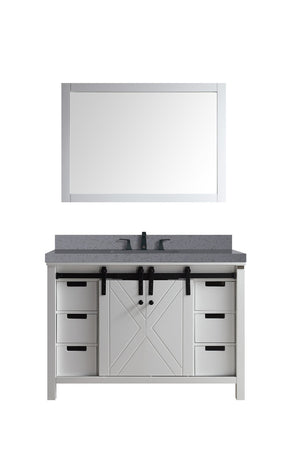 English Elm White Bath Vanity Set With 48" Cabinet, Grey Quartz Top, Matte Black Faucet & 44" Mirror For Elegance B2731S01277-GIGA