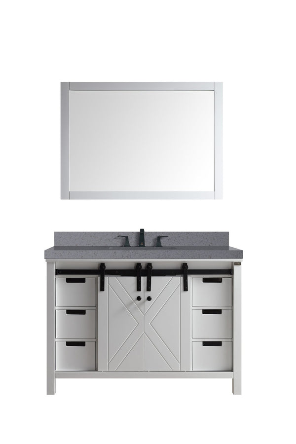 English Elm White Bath Vanity Set With 48" Cabinet, Grey Quartz Top, Matte Black Faucet & 44" Mirror For Elegance B2731S01277-GIGA