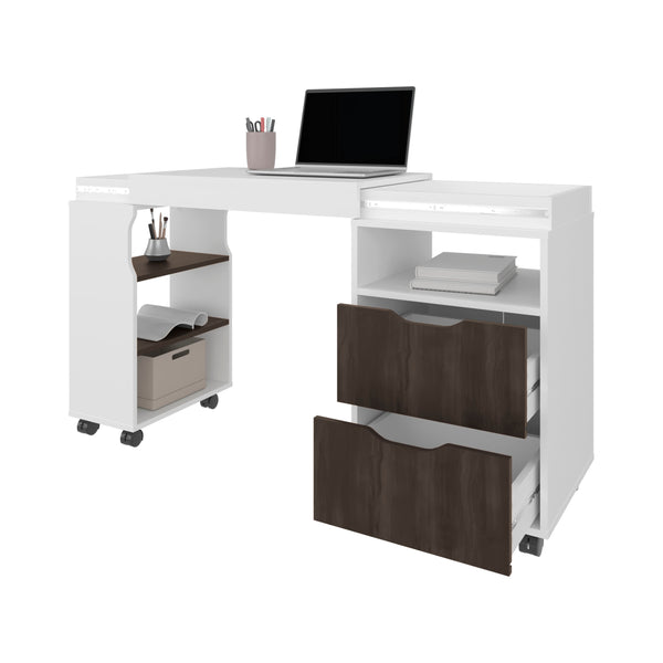 English Elm Loris Extendable Desk with Casters, Two Drawers & Open Shelves for Flexible Space-Saving Workstation B128P263731