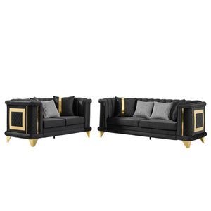 English Elm 2pcs Italian Velvet Tufted Sofa Set with Gold Steel Trim for Formal Living Room W1191S00055