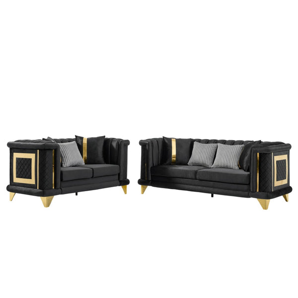 English Elm 2pcs Italian Velvet Tufted Sofa Set with Gold Steel Trim for Formal Living Room W1191S00055