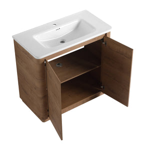English Elm 36'' Freestanding Bathroom Vanity with White Ceramic Sink, Soft-Close Doors, Plywood, Adjustable Shelves W999P351896