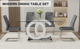 English Elm 1 Table and 4 Chairs Set.63"X35.4 Rectangular Transprant Tempered Glass Dining Tabletop With White Mdf Oc Shaped Bracket.Paried With 4 Dark Gray High-Quality Pu Chairs With Silver Metal Legs.