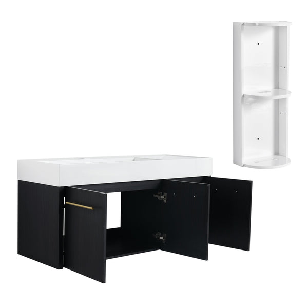 English Elm 48 Inch Wall-Mounted Bathroom Vanity Set With Left Basin Sink, Storage Rack & Soft-Close Hinges W999S00371