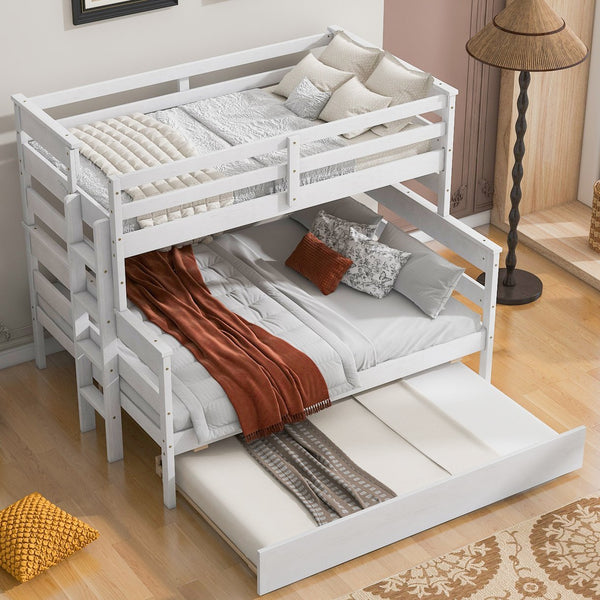 English Elm Wood Twin over Full Bunk Bed with Twin Trundle – Space-Saving Pine/MDF Triple Bed, Sturdy & Safe Design White GX000448AAK-1