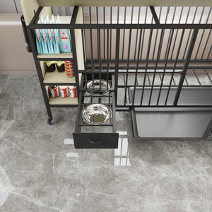 English Elm Large Iron Mdf Pet Enclosure with Storage Cabinet Rolling Casters and Steel Feeding Basins W3064P245384