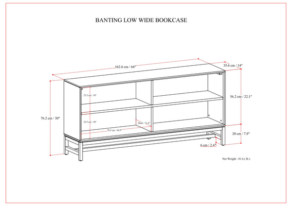 English Elm Banting Solid Rubberwood Low Wide Bookcase in Walnut Brown with Graphite Metal Frame, 4 Open Shelves, 64" W, Anti-Tip Protection B136P238608