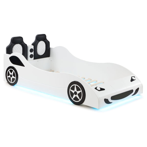 English Elm Solana Race Car Twin Bed with LED Underglow Lights, Padded Headboard, White Wood, Playful Design B062S01109