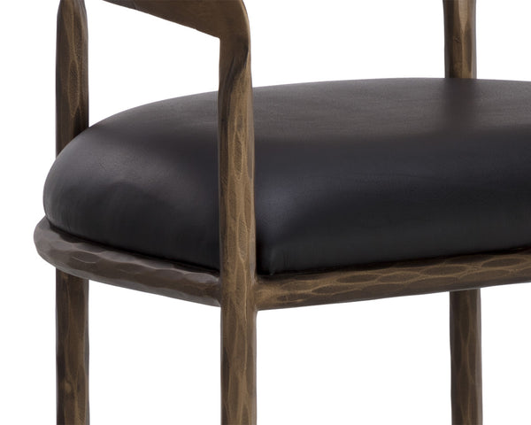 Sunpan Zanatta Stylish Barstool with Antique Brass Frame and Unique Hammered Metal Detailing for Any Space Charcoal Black Leather
