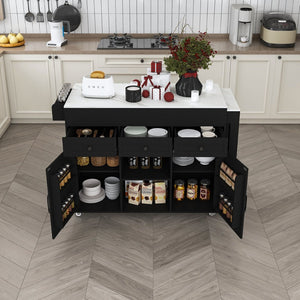 English Elm 74.8" Rolling Kitchen Island Extendable Marble Veneer Top with Power Outlet and Storage W2700S00106