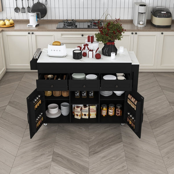 English Elm 74.8" Rolling Kitchen Island Extendable Marble Veneer Top with Power Outlet and Storage W2700S00106