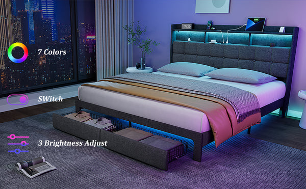 English Elm King LED Linen Platform Bed with Headboard Storage, 2 Drawers, Fast Charging & Mood Lights W1550P190363