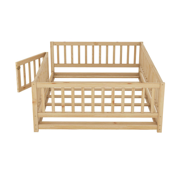 English Elm Full Montessori Floor Bed with Fence and Door, Natural Pine Slatted Full Size Bed, 300lb Capacity, Easy Assemble Oak W1820P369889