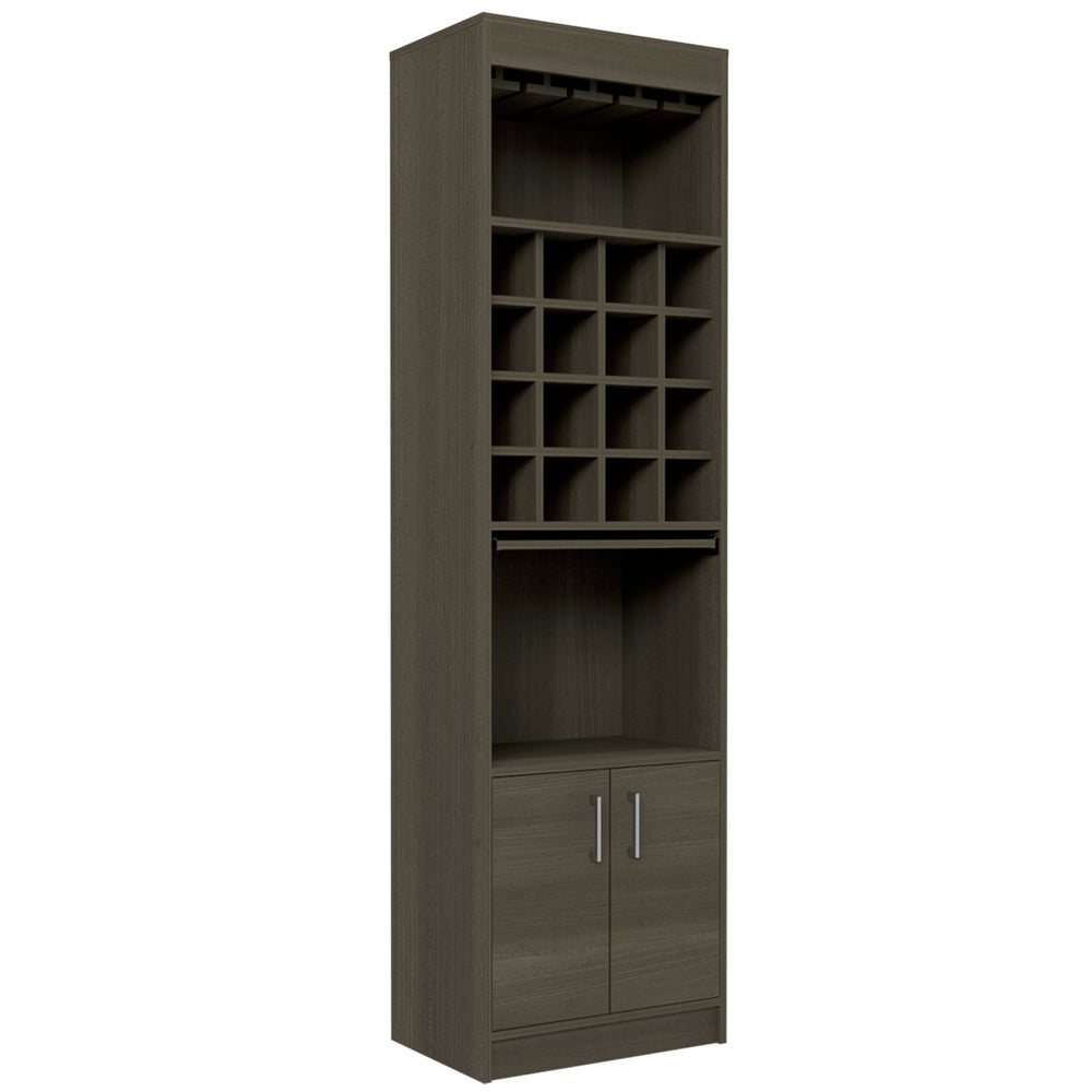 English Elm Kava Smokey Oak Bar Cabinet with Retractable Serving Tray, 16 Bottle Cubbies & 12 Glass Rack B070S00107