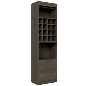 English Elm Kava Smokey Oak Bar Cabinet with Retractable Serving Tray, 16 Bottle Cubbies & 12 Glass Rack B070S00107