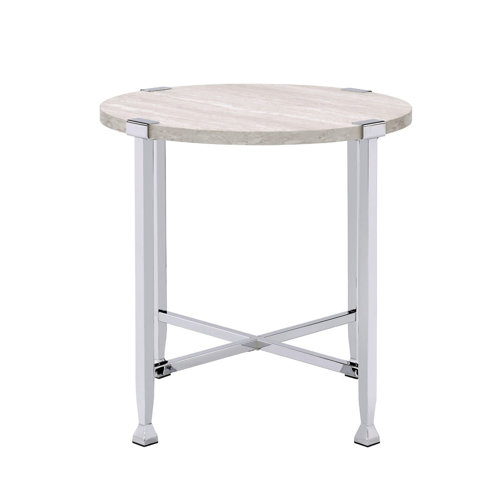 English Elm Round End Table with Modern White Oak Top and Chrome X-Base — Sleek Accent Table for Living Rooms B016P314065